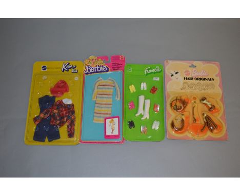 Mattel Barbie fashion and accessory sets: Ken Brad 7229 set; Barbie Hair Originals (open, one item missing); Barbie 3689 Fash