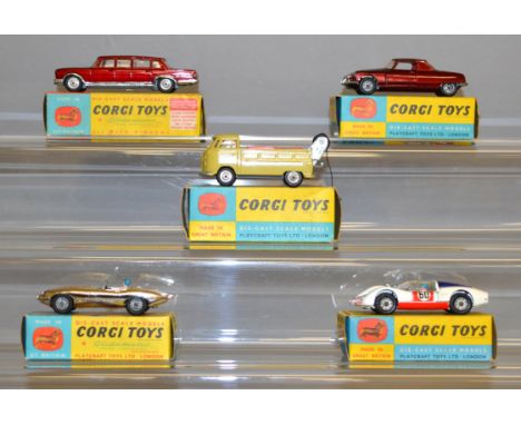 Five boxed Corgi Toys diecast model cars, 247, 259 Le Dandy Coupe, 312, 330 and 490 Volkswagen Breakdown Truck. Overall model