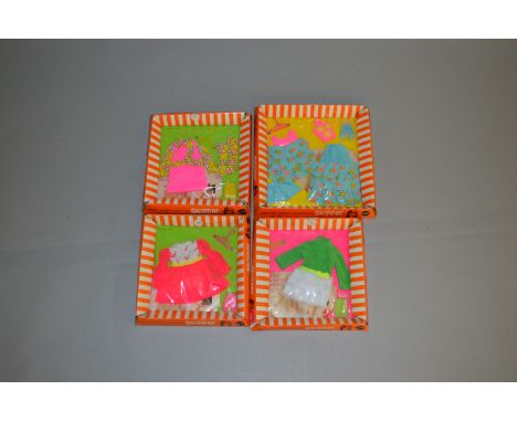 Mattel Barbie doll clothes for Skipper: #1732 Daisy Crazy; #1730 Lots of Lace; #1732 Budding Beauty; #1738 Fancy Pants. All c