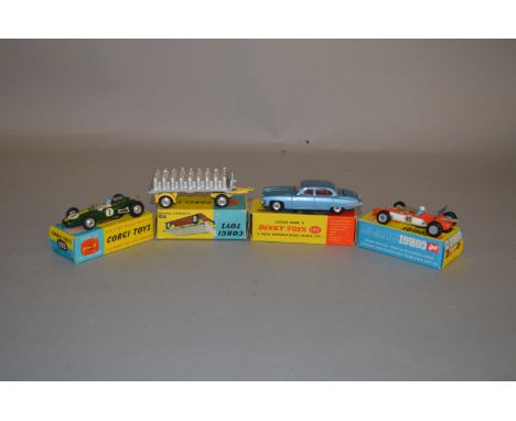 Three boxed Corgi Toys, 101 Trailer in yellow/silver with milk churn load with 155 and 158 Lotus Climax models. Models genera