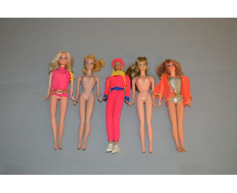 Five Mattel Barbie dolls: blonde Ponytail Barbie; Walk Lively Barbie; Malibu Barbie; Dramatic New Living Barbie; Standard Bar