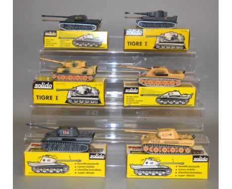 Six boxed Solido diecast model tanks including 2 x 222 Char Tigre, 2 x 228 Jagdpanther and 2 x 236 Panther G. Models appear G