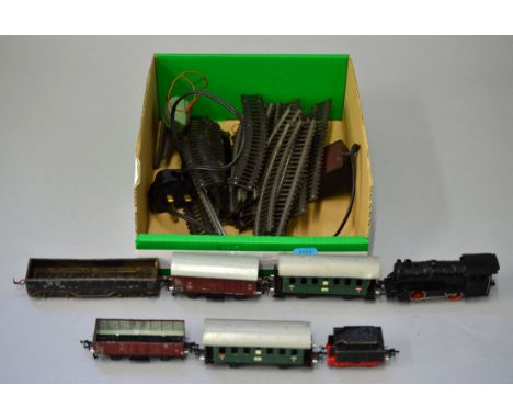 HO gauge. Fleischmann: 0-4-0 black '1305 1954' tender locomotive; five items of rolling stock; track. Unboxed.