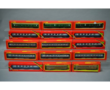 OO gauge. 15 x boxed Hornby coaches, including Golden Arrow and Inter-City. 