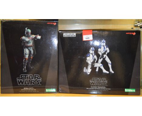 Two Kotbukiya Star Wars 1:10 Scale Pre-painted Model Kits: Boba Fett Return of the Jedi Version; Clone Trooper 501st Legion T