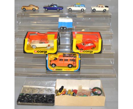 Three boxed Corgi Toys, 275, 421 and 801, models appear G/G+, some loose in pack in boxes ranging from P to G together with a