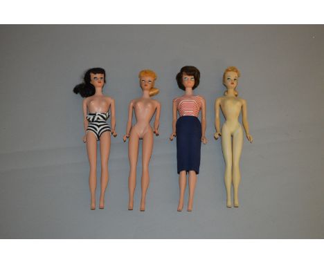 Four Mattel Barbie dolls: blonde No. 3 Barbie with brown eyeliner; two Ponytail Barbies, one blonde, one brunette; brunette B