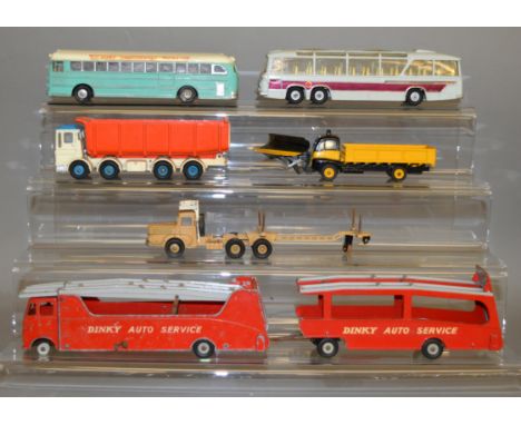 Seven unboxed Dinky Toys diecast model vehicles, including 984 and 985 Car Carrier and Trailer, Guy Warrior Snow Plough and a