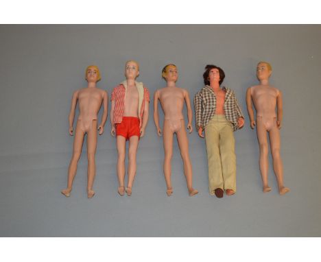 Five Mattel Barbie Ken dolls: two with flock hair, one blonde and one brunette (hair is P); Ken with blonde painted hair; Mod