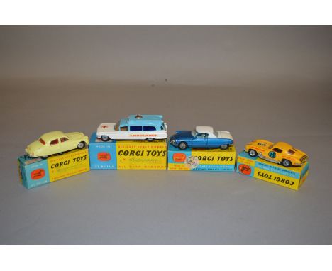 Four boxed Corgi Toys, 208S in pale lemon, F/G with chipping  in G+ blue and yellow box with Corgi Model Club slip, 259 Le Da