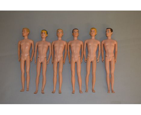 Six Mattel Barbie Ken dolls: two with painted hair, one blond, one brunette; two with flock hair, one blond, one brunette; tw