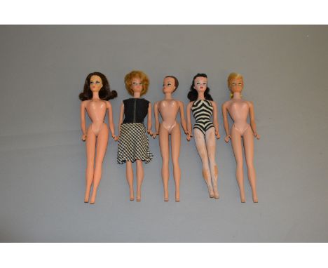 Five Mattel Barbie dolls: Fashion Queen Barbie; Twist n Turn Barbie; brunette Ponytail Barbie; blonde Bubblecut Barbie; blond