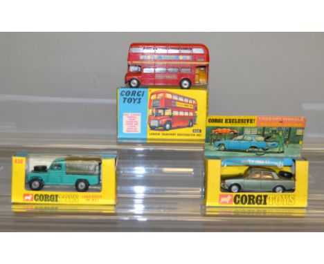 Three boxed Corgi Toys diecast model vehicles, 275 Rover 2000TC, G/G+ in F box, 438 Land Rover G+ in G box and 468 Routemaste