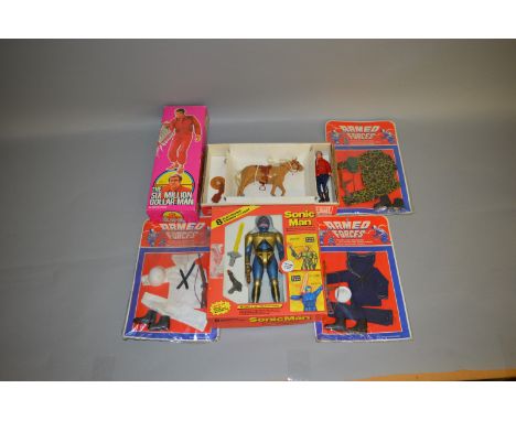 Quantity of action figures and accessories, all boxed/carded: Denys Fisher Six Million Dollar Man; Bradgate Little Big Man on