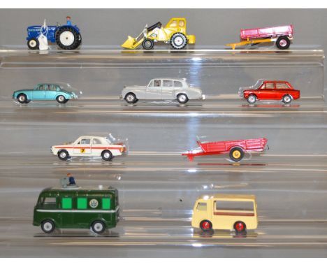 Ten boxed Dinky Toys including 490 Electric Dairy Van, 308 Leyland 384 Tractor and 138 Hillman Imp in metallic red with blue 