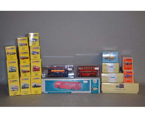 20 x Corgi diecast model buses, includes Original Omnibus Company, Lionel, etc. Boxed and appear E.
