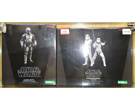 Two Kotobukiya Star Wars 1:10 Scale Pre-painted Model Kits: Attack of the Clone Jango Fett; Stormtrooper Two Pack. Both boxed