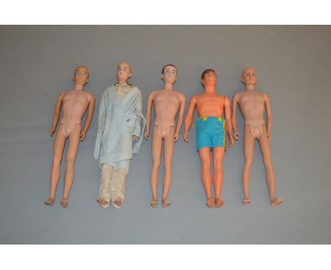 Five Mattel Barbie Ken dolls: one flock hair, all hair has been removed and now bald; two painted hair dolls, one blonde, one