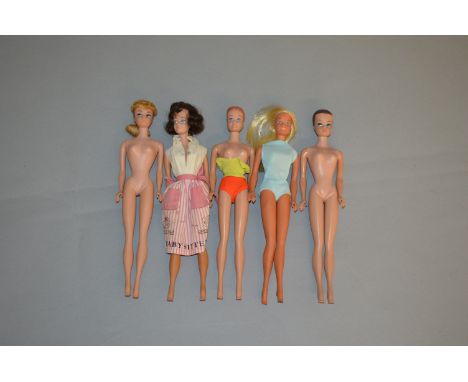 Five Mattel Barbie dolls: blonde Ponytail Barbie; Fashion Queen Barbie; Malibu Barbie; Midge; Midge with a Fashion Queen styl