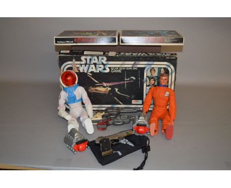 Quantity of assorted toys: Palitoy Star Wars Escape from Death Star game; two Kenner Six Million Dollar Man figures; cap gun;