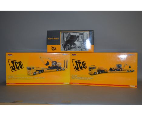 Three JCB diecast models: Universal Hobbies 1:16 scale Farm Trailer; Corgi CC13425 1:50 scale; Corgi CC11914 1:50 scale. Boxe