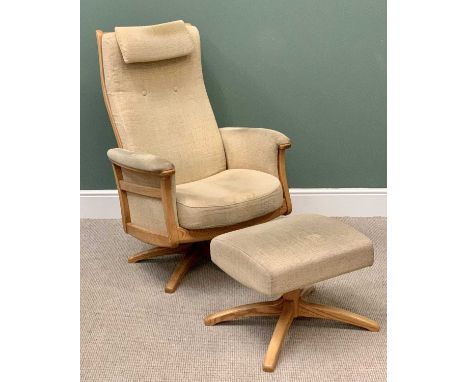 ERCOL SWIVEL &amp; RECLINE ARMCHAIR WITH MATCHING FOOT STOOL - 103cms H, 77cms W, 53cms D the chair and 38cms H, 52cms W, 43c