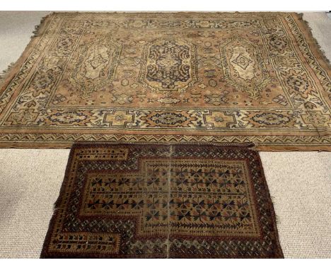 VINTAGE EASTERN STYLE RUGS (2) - including a prayer mat example, 119 x 81cms and the other with central block pattern and wid