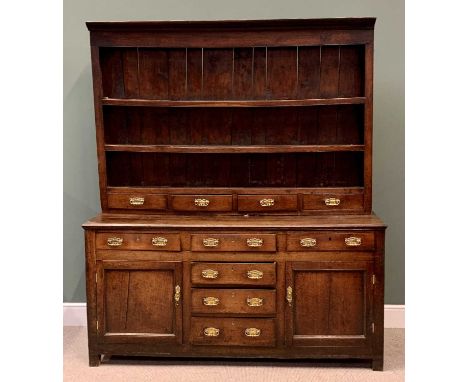 GEORGE III OAK WELSH DRESSER - three shelf back boarded rack above four spice drawers, the base having a T arrangement of six