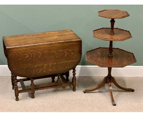 VINTAGE OAK BARLEY TWIST GATELEG TABLE - 73cms H, 122cms W, 92cms D (open), and a three-tier octagonal shelf whatnot, 108cms 
