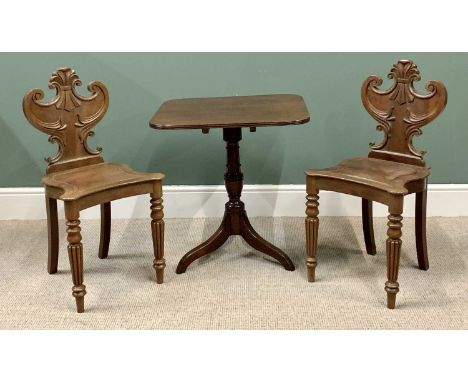 ANTIQUE MAHOGANY TILT TOP TRIPOD TABLE - 67cms H, 63cms W, 69cms D, and a pair of shield back hall chairs, 87cms H, 43cms W, 