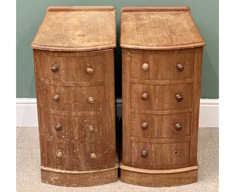 VINTAGE PINE BOW FRONTED BEDSIDE CABINETS, A PAIR - with false drawer front cupboard doors, 72cms H, 35cms W, 53cms D