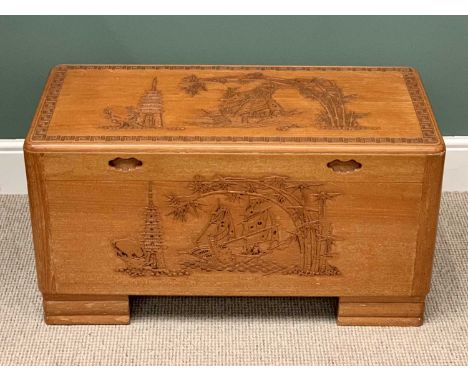 A CHINESE LIGHT WOOD FINISH CARVED CAMPHORWOOD CHEST - 48cms H, 92cms W, 46cms D