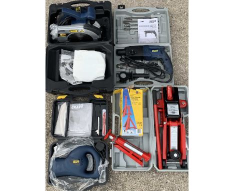 APPEARS AS NEW POWER TOOLS - to include hammer drill, circular saw, trolley jack and axel stands, ETC