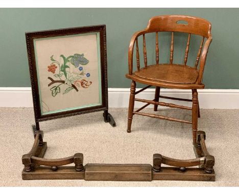 FURNITURE ASSORTMENT (3) - vintage office type chair, an oak fire fender and a tapestry firescreen