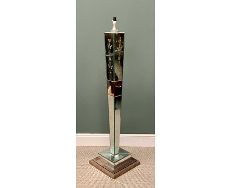 ART DECO STYLE MIRRORED STANDARD LAMP with pink shade, graduating clear and pink mirrored column and square foot, on a wooden
