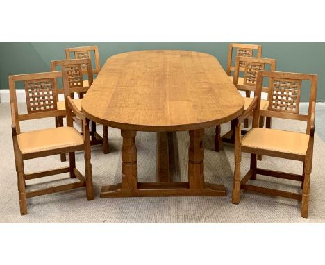 WORKSHOP OF ROBERT `MOUSEMAN` THOMPSON (KILBURN) SUBSTANTIAL ADZED OAK 9FT REFECTORY DINING TABLE AND SIX (4 + 2) DINING CHAI