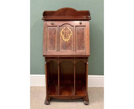 FANCY REPRODUCTION SLIM BUREAU - with sectional base, lion mask ring handles to the sides and harp inlay to the drop-down too
