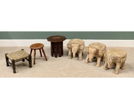 LIGHT WOOD ELEPHANT PEDESTALS (3) - 35cms H, 32cms W, 38cms D, an assortment of three stools including a string top, a circul