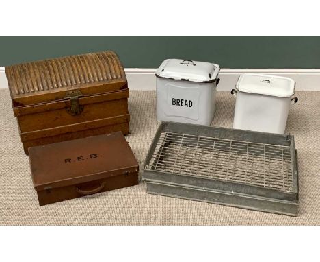 VINTAGE ASSORTMENT - to include galvanised metal racks 'Champion' (2), a metal dome top trunk, 46cms H, 64cms W, 42cms D, two