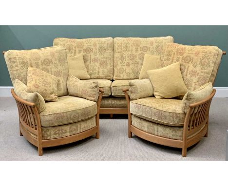 ERCOL LIGHT WOOD 3 PIECE LOUNGE SUITE - comprising sofa, 97cms H, 190cms W, 60cms D and a pair of armchairs, 97cms H, 90cms W