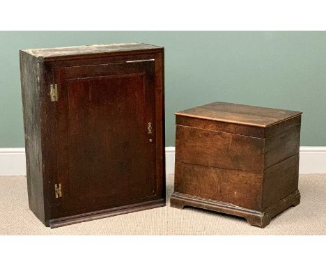 19TH CENTURY OAK BOX SEAT COMMODE - 50cms H, 52cms W, 43cms D, and a similar period single door cupboard with interior shelve