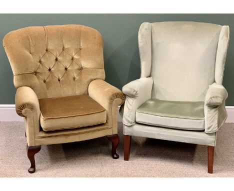 VINTAGE EASY CHAIRS (2) - a wing back, 97cms H, 76cms W, 80cms D and a button back (by Wade), 94cms H, 80cms W, 90cms D