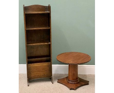 VINTAGE OAK NARROW BOOKSHELF WITH MAGAZINE RACK - 120cms H, 38cms W, 21cms D and a mahogany circular topped occasional table,