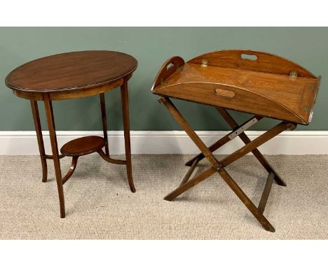  VINTAGE OAK BUTLER'S TRAY ON STAND - 76cms H, 72cms W, 48cms D and a mahogany two-tier oval top occasional table on splayed 