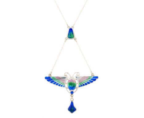 Charles Horner, an Art Nouveau silver and polychrome enamel winged scarab pendant, with enamel drop and surmount, maker's mar