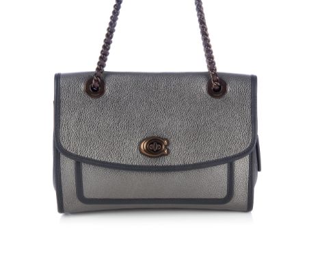 Coach, a Parker handbag, designed with a metallic grey pebbled leather exterior with smooth black leather trim, chain-link sh