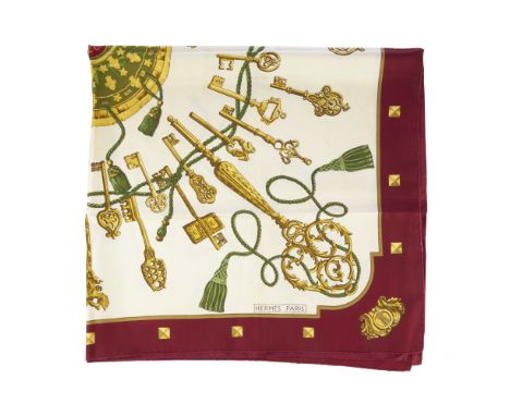 Hermes, a Les Clefs silk scarf, designed by Caty Latham, first issued in 1965, depicting a circle of ornate keys, interwoven 