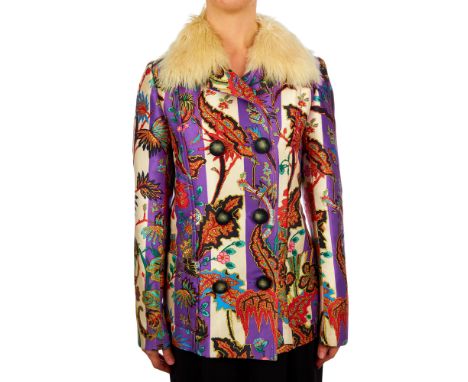 Balenciaga, a 2011 silk coat, designed with a bold multicoloured pattern throughout, an alpaca wool collar, double-breasted f