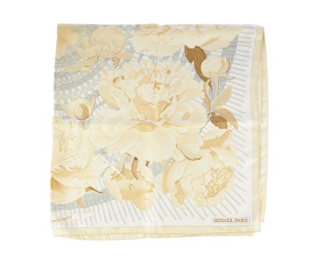 Hermes, a Les Pivoines silk scarf, designed by Christiane Vauzelles featuring an array of peonies in pastel tone, measuring 9