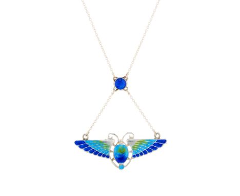 Charles Horner, an Art Nouveau silver and polychrome enamel winged scarab pendant, suspended from a later, integral chain wit